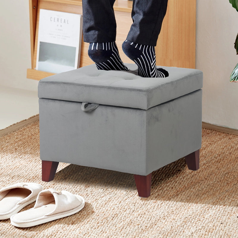 Adeco  Faux Leather Tufted Flip Top Storage Ottoman Grey-Velvet Wood, Velvet Polyester