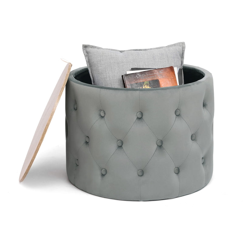 Homebeez Fabric Round Storage Ottoman Footrest Stool Gray 21.5"D x 15.7"H