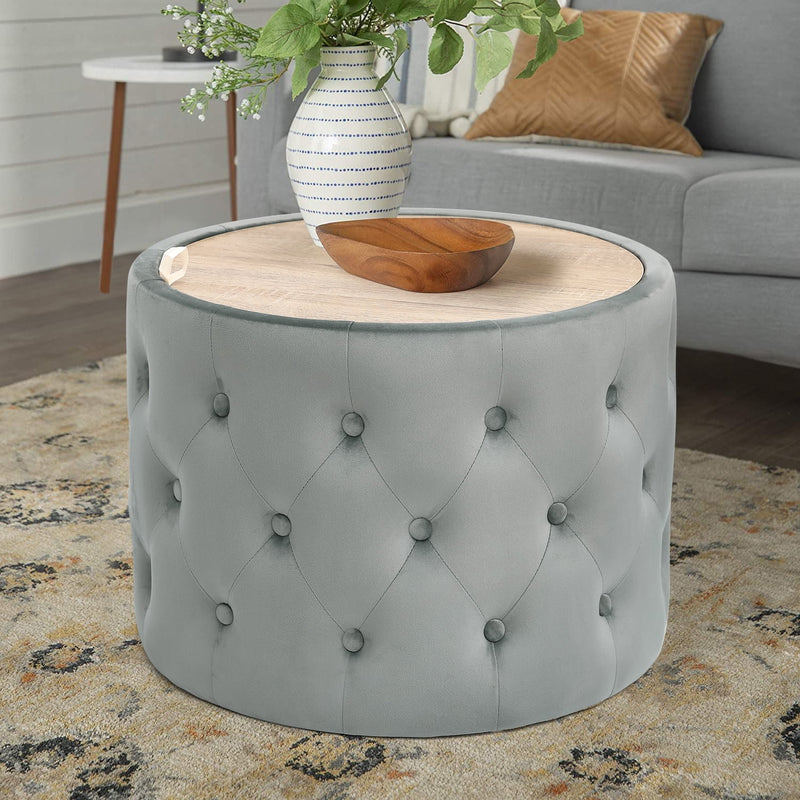 Homebeez Fabric Round Storage Ottoman Footrest Stool Gray 21.5"D x 15.7"H