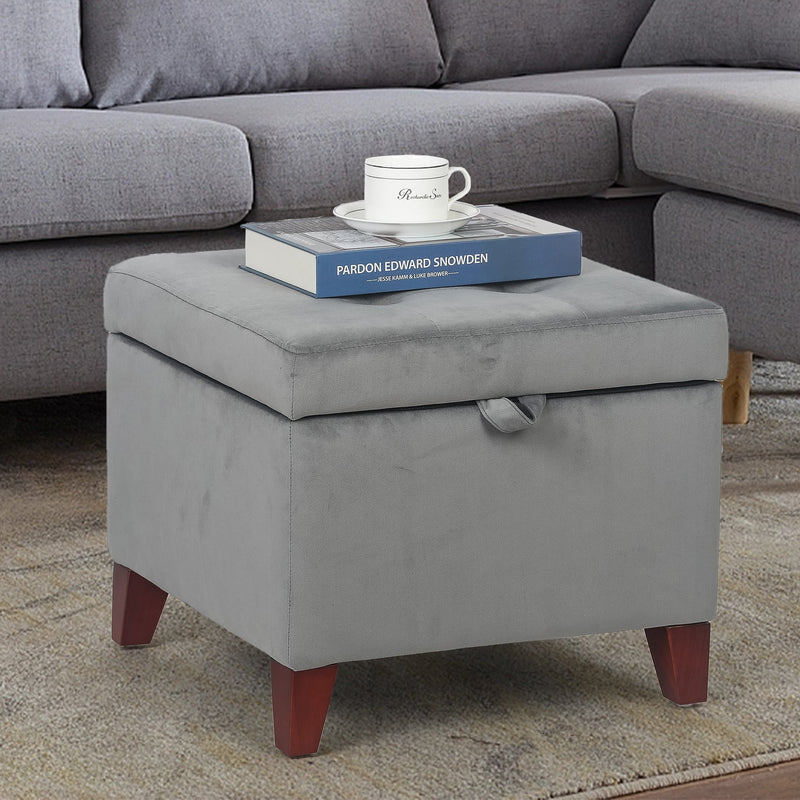 Adeco  Faux Leather Tufted Flip Top Storage Ottoman Grey-Velvet Wood, Velvet Polyester