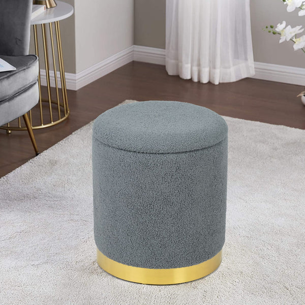 Adeco  Velvet Round Storage Stool Gold Plating Base Storage Ottoman Dark Grey