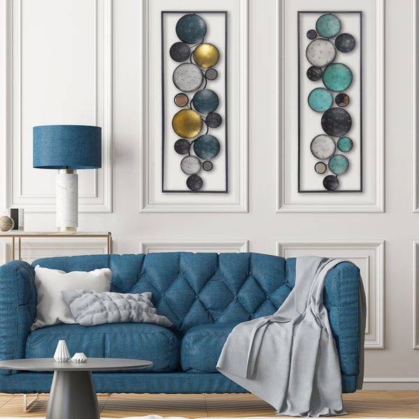 35.2-Inch Modern Wall Sculpture, Abstract Floating Pattern Shape Rectangular Frame Metal Wall Decor, Set of Two