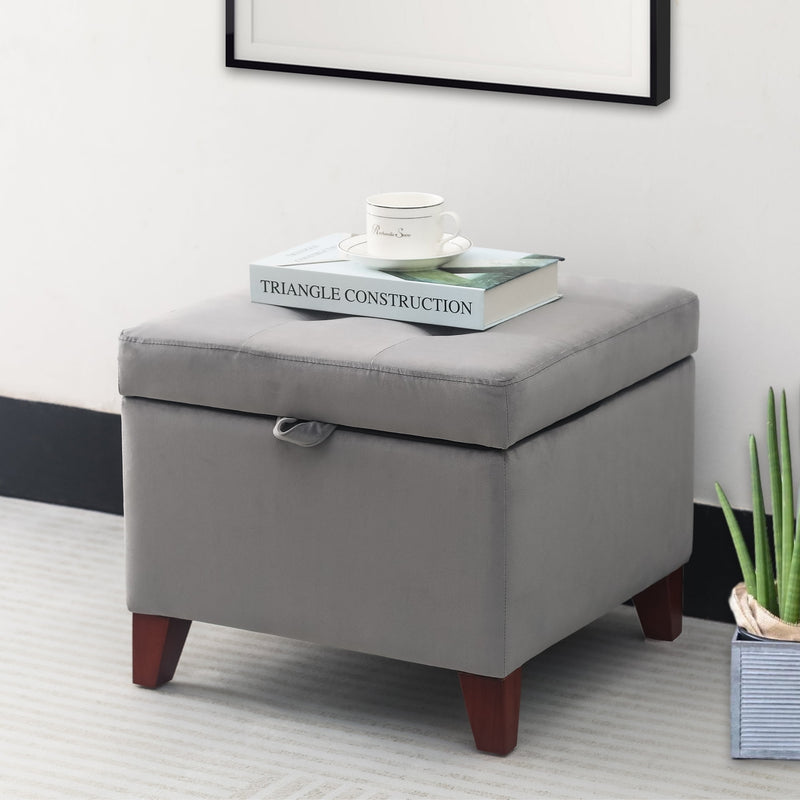Adeco  Faux Leather Tufted Flip Top Storage Ottoman Grey-Velvet Wood, Velvet Polyester