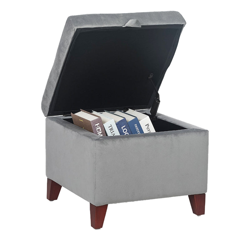 Adeco  Faux Leather Tufted Flip Top Storage Ottoman Grey-Velvet Wood, Velvet Polyester